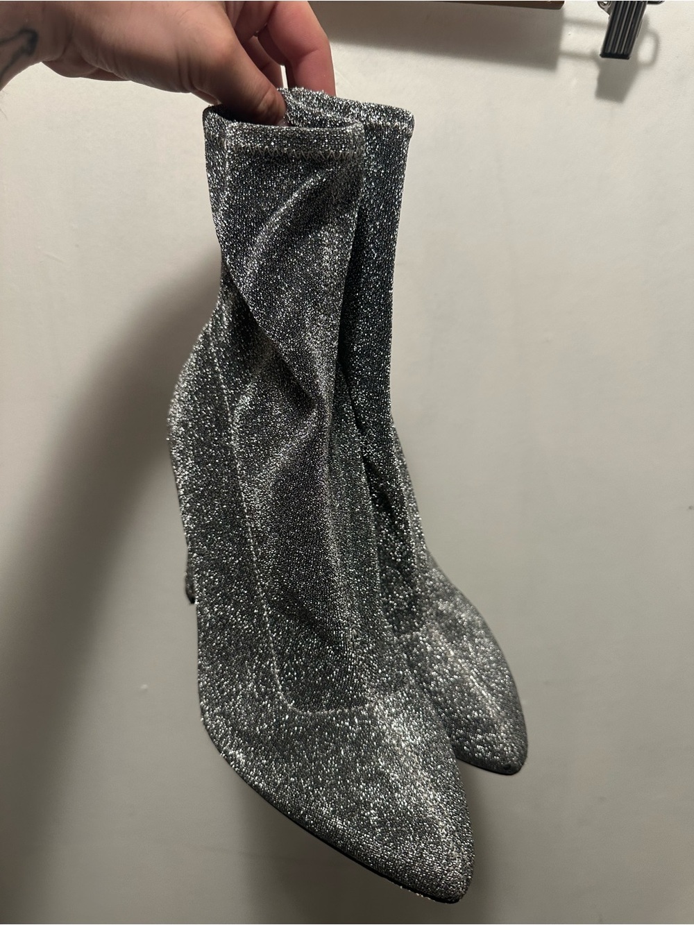 The Fix Silver Glitter Sock Ankle Boots Pointed Toe Block Heel Women’s 10